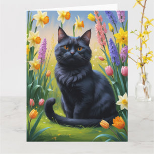 Färgning av svart katt Vår blommor Kort
