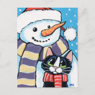 Färgning av Tuxedo Cat och Carrot Nose Snögubbe Helg Vykort