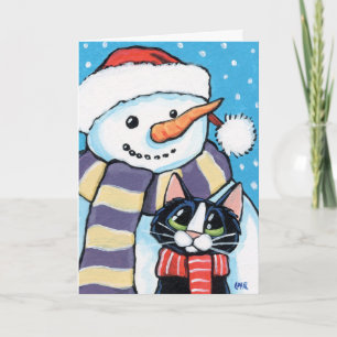 Färgning av Tuxedo Cat och Carrot Nose Snögubbe Helgkort
