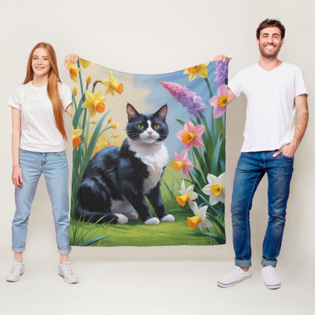 Färgning av Tuxedo Cat Vår blommor Fleecefilt (På plats)
