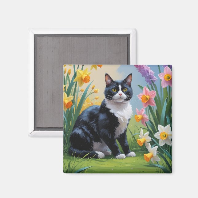 Färgning av Tuxedo Cat Vår blommor Magnet (Front/Back)
