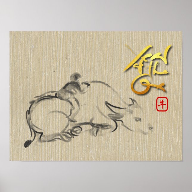 Färgning av Vatten Buffalo Chinese Ox nyår P Poster (Framsidan)