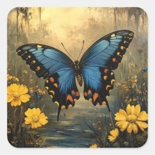 Färgning av vintage Butterfly och Gula blommor Fyrkantigt Klistermärke