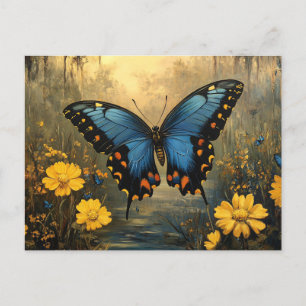 Färgning av vintage Butterfly och Gula blommor Vykort