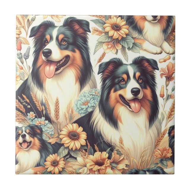 Färgning av Vintagen Cute Australian shepherd Kakelplatta (Framsidan)
