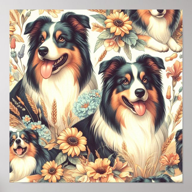Färgning av Vintagen Cute Australian shepherd Poster (Framsidan)