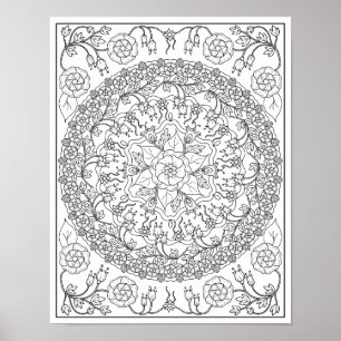 Färgning av Vuxen Bluebells och Vines Mandala Poster
