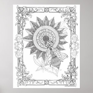 Färgning av Vuxen Poster "Solblommor och bisamhäll
