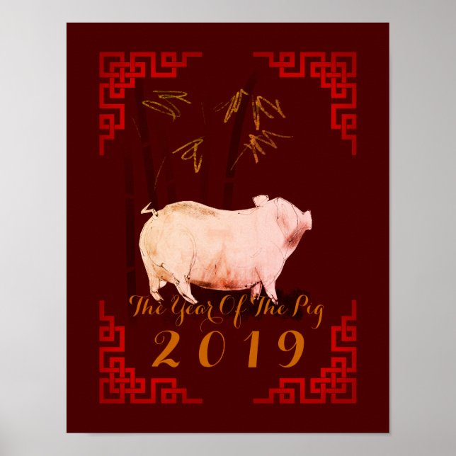 Färgning Bamboo Kinesiska Ram Gris År 2019 Poster (Framsidan)