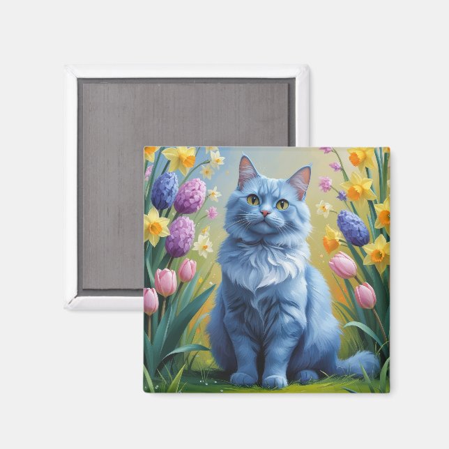 Färgning på ryska Blue Cat Vår blommor Magnet (Front/Back)