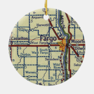 Fargo ND Old Karta Julgransprydnad Keramik