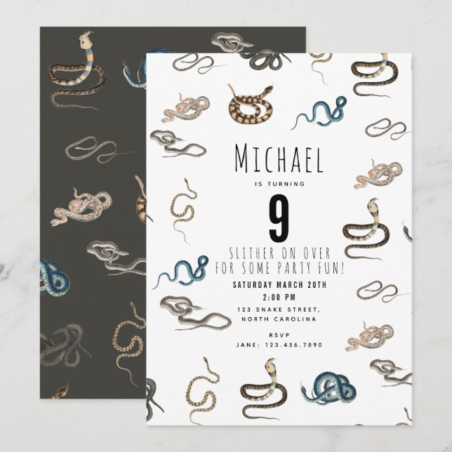 Färgormar, reptil Animal Födelsedagsfest Invi Inbjudningar (Fram/baksida)