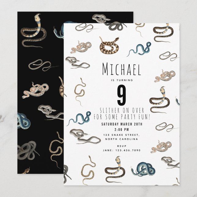 Färgormar, reptil Animal Födelsedagsfest Invi Inbjudningar (Fram/baksida)