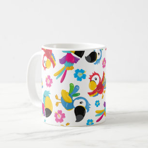 Färgpartiklar, tropiska partiklar, fåglar, blommor kaffemugg