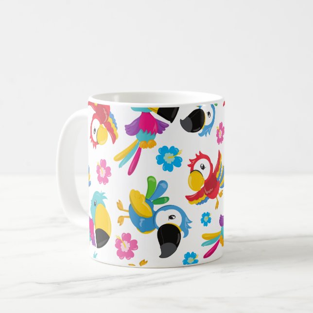 Färgpartiklar, tropiska partiklar, fåglar, blommor kaffemugg (Framsida vänster)