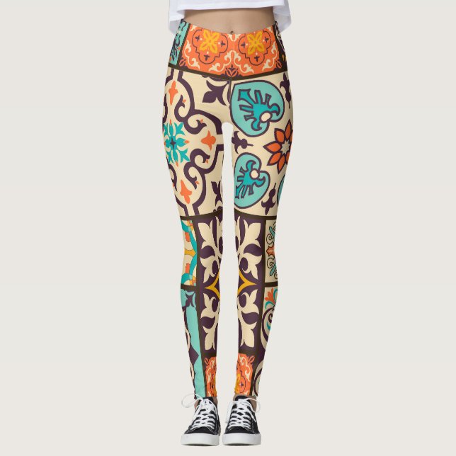 Färgpatchwork Islam Motifs Tile Leggings (Framsida)
