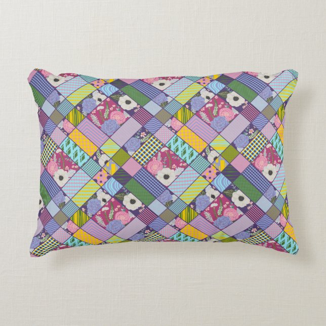 Färgpatchwork Mönster Geometric Flowers Dots Prydnadskudde (Framsidan)