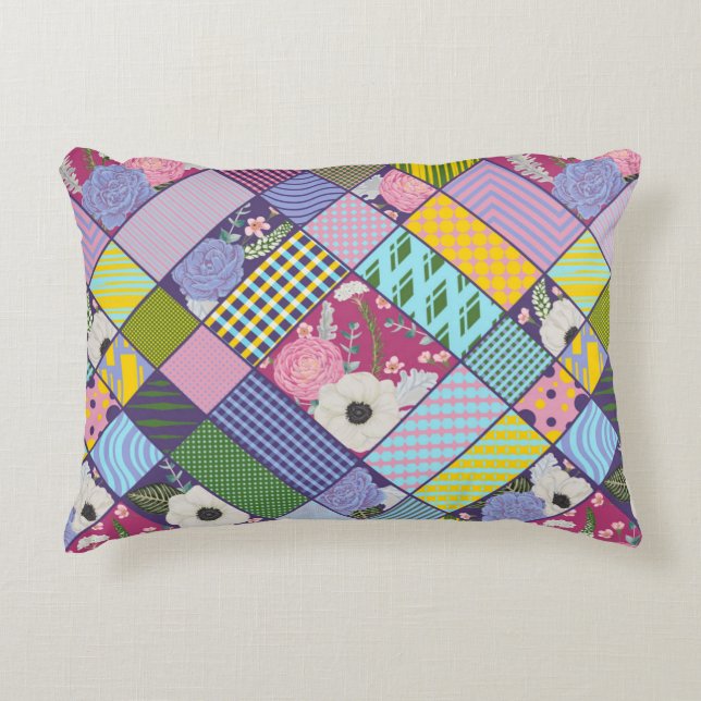 Färgpatchwork Mönster Geometric Flowers Dots Prydnadskudde (Framsidan)