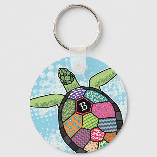 Färgpatchwork Mönster Monogram Sea Turtle Nyckelring (Framsida)