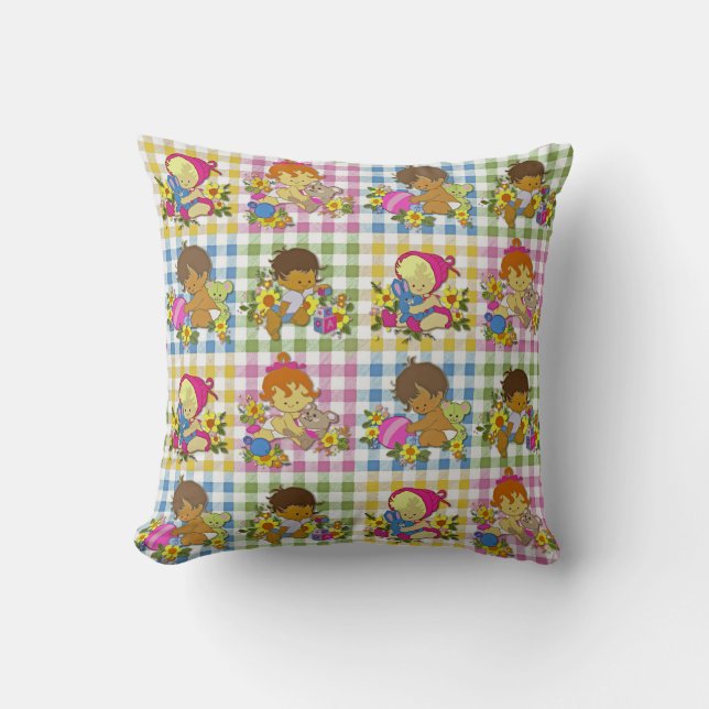 Färgpatchwork Play Baby Shower för Cute Retro Colo Kudde (Framsida)