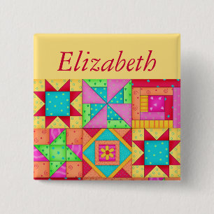 Färgpatchwork Quilt Block Art Namn Badge Knapp