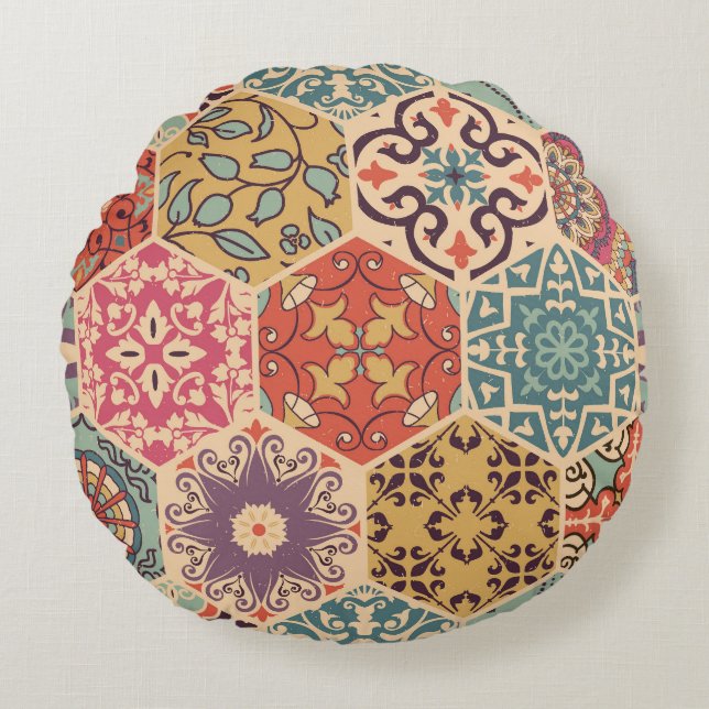 Färgpatchwork Tile Islamic Motifs Rund Kudde (Framsidan)