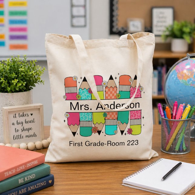 Färgpenna Lärarens namn Klassrum Tygkasse (Teacher tote bag)