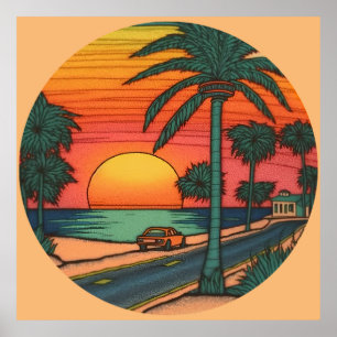 Färgpennans utseende på en rund strandsolnedgång poster