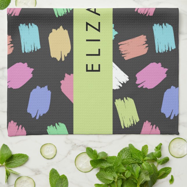 Färgpensel, färgfulla penseldrag, ditt namn kökshandduk (Vikta)