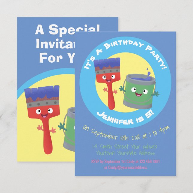 Färgpensel och färgning av tecknade figurer invit inbjudningar (Fram/baksida)