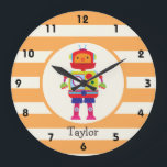 Färgpiggvar på Orange Rand Stor Klocka<br><div class="desc">Coola, retro, färglös barn Colorful Robot på Orange Rand på vitt rand, stripe mönster med vintage känsla. Perfekt för baby, småbarn, barn, barn, tonåringar eller vuxnor! Personlig designen genom att lägga till ett barns namn eller anpassningsbar. Besök vår affär, Födelsedagsfest House, för mer underbara anpassade, pojkprodukter och flickprodukter!</div>