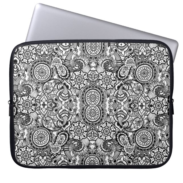 Färgpyts för svart, vit blommigt laptop fodral (Framsidan)