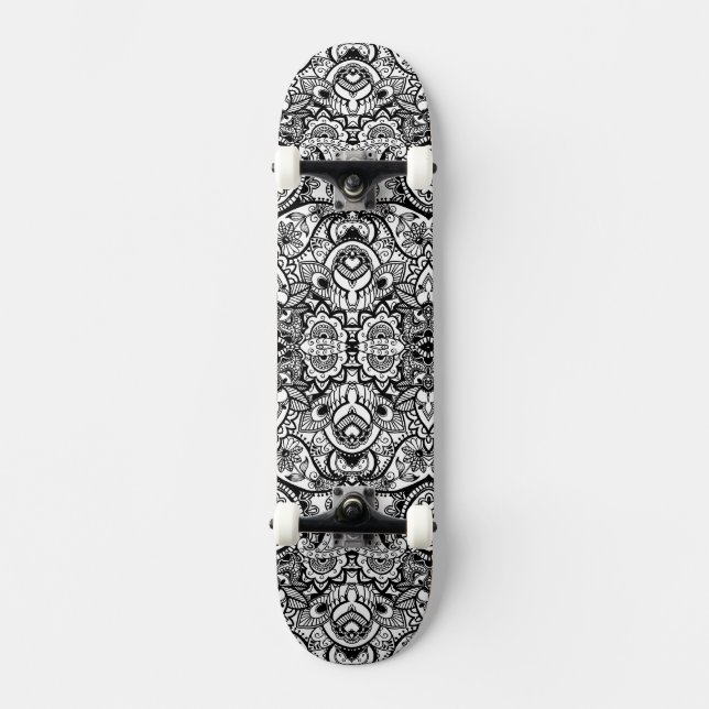 Färgpyts för svart, vit blommigt mini skateboard bräda 18,5 cm (Framsida)
