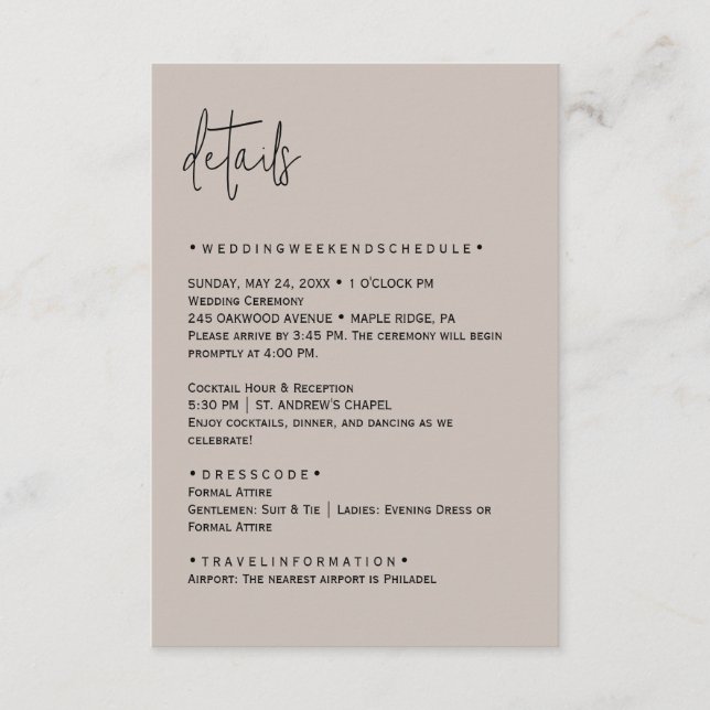 Färgredigerbar bröllopsdetaljkort tilläggskort (Framsida)