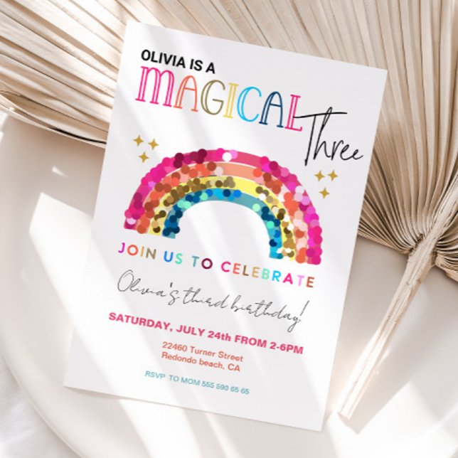Färgregat 3:e magiska 3-årsdagen inbjudningar (Sequin raibow 3rd birthday invitation)