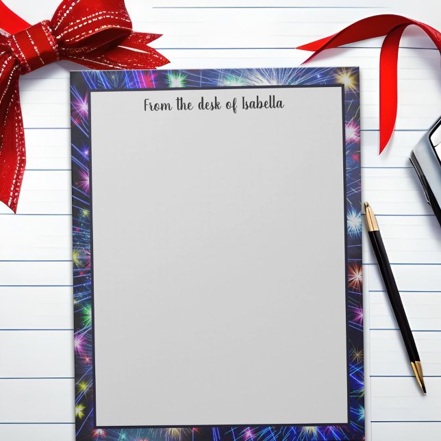 Färgregat av regnbåge, Night Himlar, Firande Anteckningsblock (Colorful rainbow fireworks border notepad)