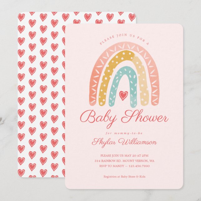 Färgregat för regnbåge och hjärtan Flickbabyskor Inbjudningar (Fram/baksida)