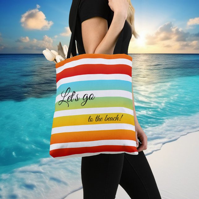 Färgregat med stripe Mönster Tygkasse (Colorful turquoise rainbow striped summer beach tote bag with custom background color)