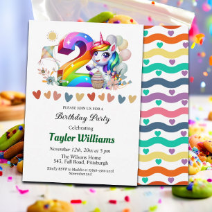 Färgregat och Unicorn 2:a födelsedagen Party Inbjudningar