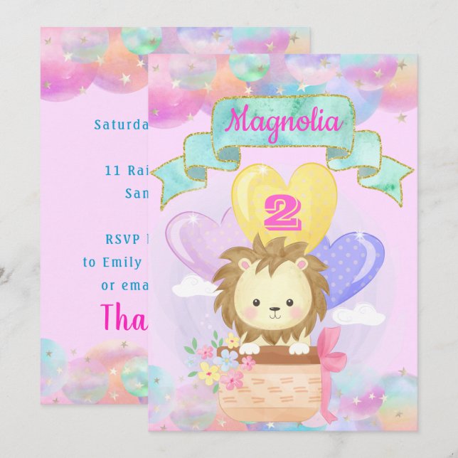 Färgregat Unicorn Luftballong Baby Lejon Inbjudningar (Fram/baksida)