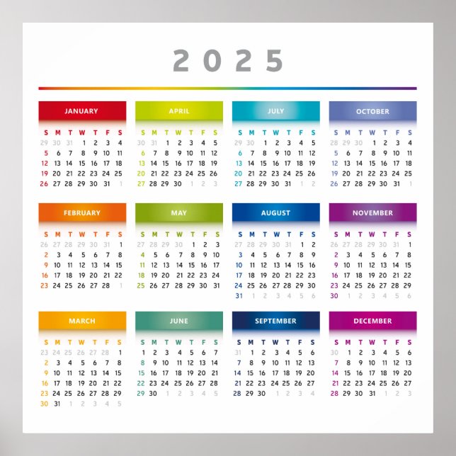 Färgrik 2025 kalender - Regnbågsfärger 3 Kolumner Poster (Framsidan)