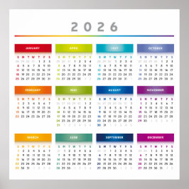 Färgrik 2026 kalender - Regnbågsfärger 3 Kolumner Poster