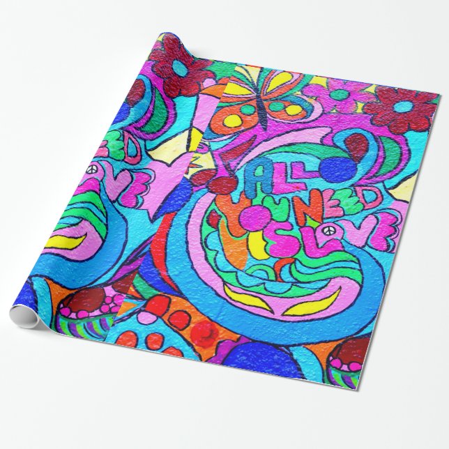 färgrik 70-talhippiefred och kärlek som slår in presentpapper (Utrullad)