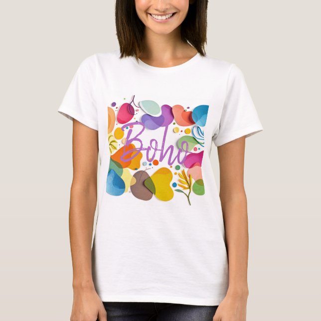 Färgrik Abstrakt Botanisk Boho Utskärelse Konst T Shirt (Framsida)