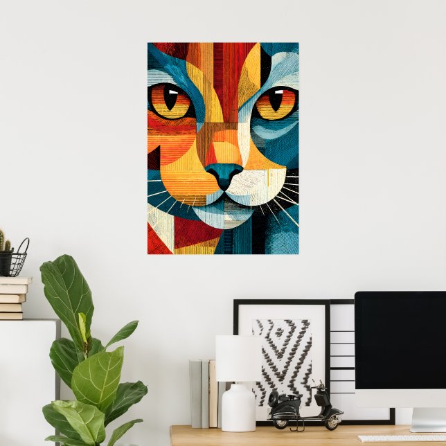 Färgrik Abstrakt Katt Ansikte Geometrisk Affisch (Hemmakontoret)