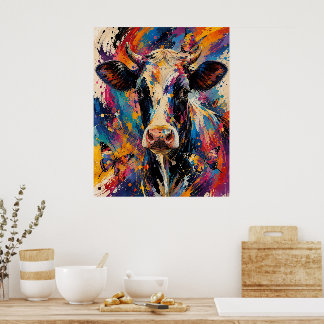 Färgrik Abstrakt Ko Målning med Fjärilar Poster
