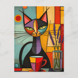 Färgrik Abstrakt Kubistisk Katt & Kaffe Vykort