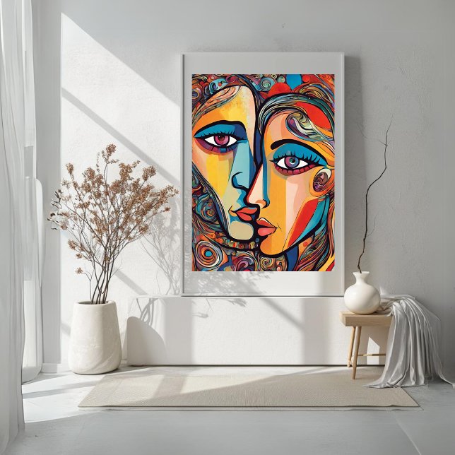 Färgrik Abstrakt Man Kvinna Cool Ansikte Affisch   (Colorful Abstract Man Woman Cool Face Poster)