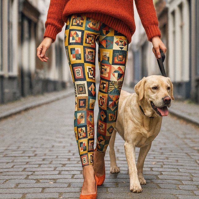 Färgrik Abstrakt Rutig Geometrisk Mönster Leggings (Leggings featuring a colorful geometric tiled pattern in vibrant colors)