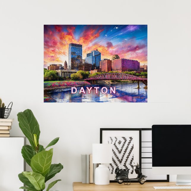 Färgrik Abstrakt Siluett av Dayton, Ohio Poster (Hemmakontoret)